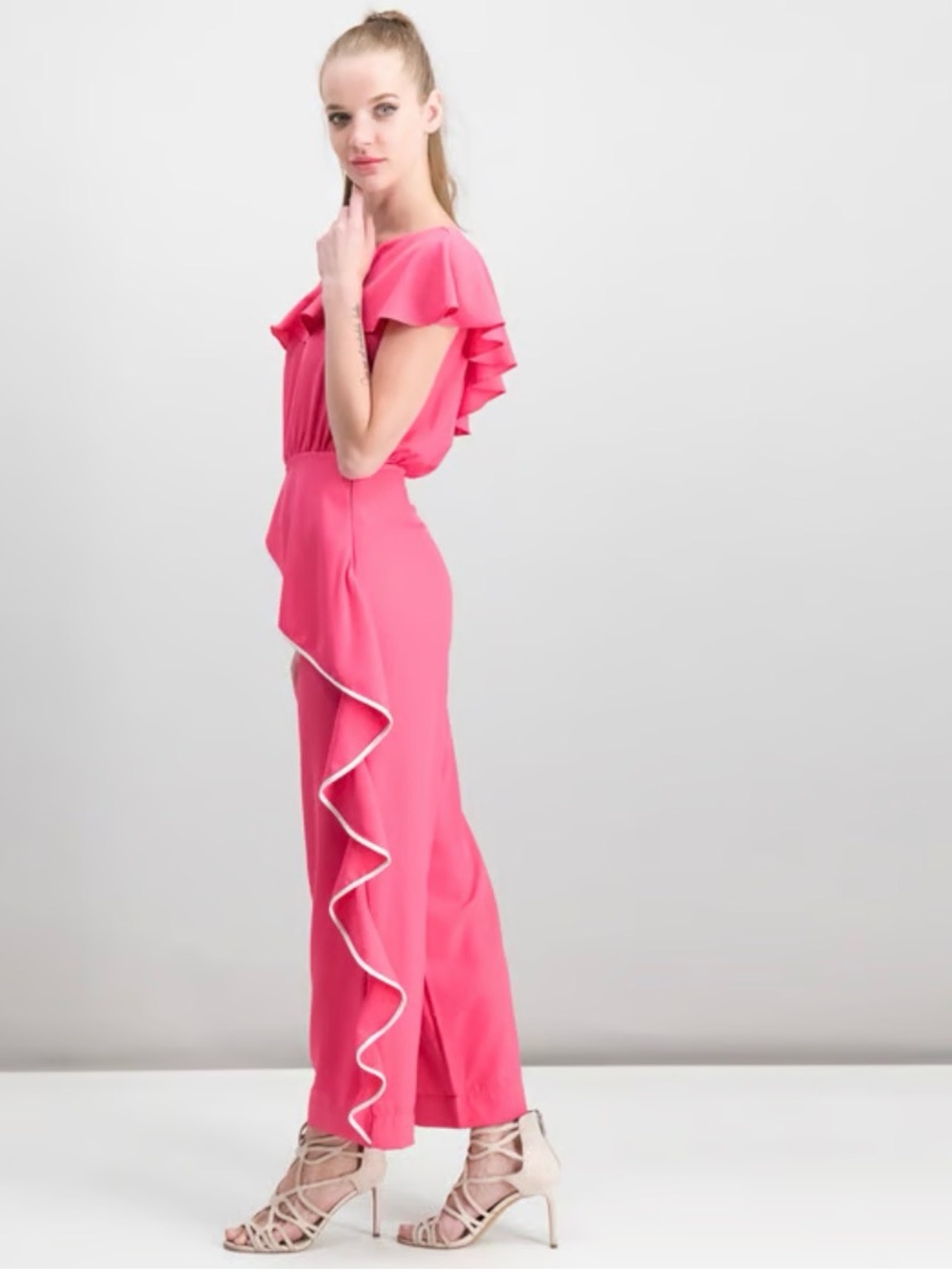 XOXO One-Shoulder Hot Pink Ruffle Jumpsuit